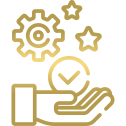 Icono representativo del valor de responsabilidad en Eagle Law Firm, mostrando una mano que sostiene un engranaje con estrellas y un símbolo de verificación, simbolizando el compromiso con la calidad, la mejora continua y la responsabilidad en el servicio.